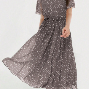 Sash Elegant Polka Dots Crew Neck Dress With Belt, Dresses, color:Coffee|size:XXL, JustFashionNow
