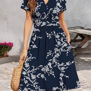 Floral Casual Knitted Dress, Dresses, color:Dark Blue|size:XXL, JustFashionNow