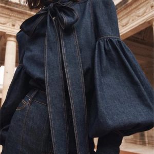Vintage Bow Stand Collar Lantern Sleeve Denim Blouse, Shirts & Blouses, color:Blue|size:XXL, JustFashionNow