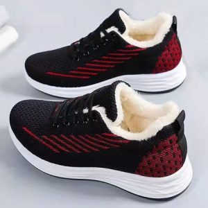 Women Warm Lined Mesh Fabric Lace-Up Sneakers, Sneakers, color:Black|size:40, JustFashionNow