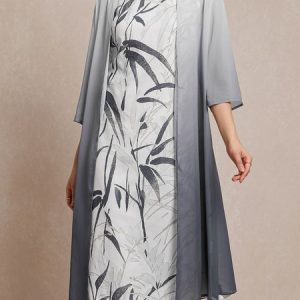 Crew Neck Floral Casual Loose Two-Piece Set, Suit Set, color:Gray|size:XXL, JustFashionNow