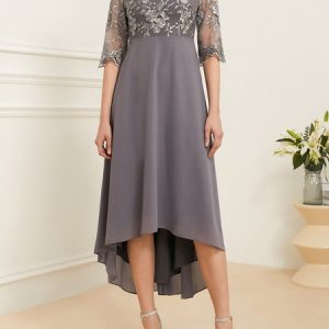 Plain Lace Crew Neck Elegant Dress, Dresses, color:lavender|size:XXL, JustFashionNow