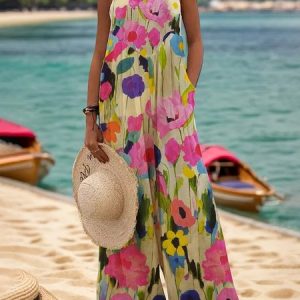 Loose Square Neck Vacation Floral Bib Pants, Jumpsuitsпј†Rompers, color:Multicolor|size:XXL, JustFashionNow