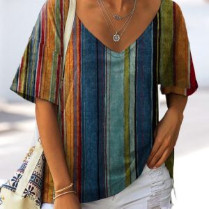Casual Striped Loose T-Shirt, T-Shirts, color:Green|size:XXL, JustFashionNow