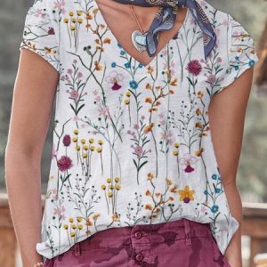 Floral Printed Casual V Neck Shirts & Tops, T-Shirts, color:White|size:3XL, JustFashionNow