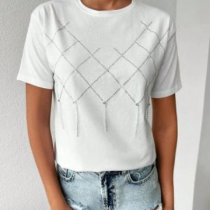 Casual Loose Cotton-Blend Hot Drilling T-Shirt, T-Shirts, color:White|size:XXL, JustFashionNow