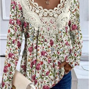 Floral Lace Crew Neck Spring Casual Blouse, JustFashionNow Blouses, color:Red|size:XXL,