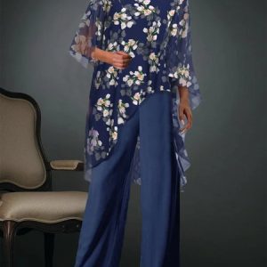 Floral Chiffon Loose Elegant Two-Piece Set, Suit Set, color:Blue|size:XXL, JustFashionNow