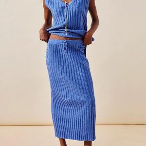 V Neck Sleeveless Knitting Skirts Set, Suit Set, color:Blue|size:XL, JustFashionNow