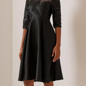 Elegant Crew Neck Lace Plain Dress, Dresses, color:Black|size:XXL, JustFashionNow