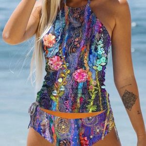 Vacation Floral Printing Crew Neck Tankini, swimwear>>Tankinis, color:Multicolor|size:XXL, JustFashionNow