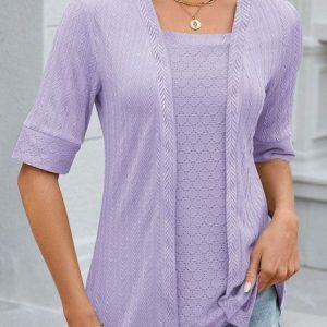 Casual Square Neck Plain Mock Two-Piece Shirt, Shirts & Blouses, color:Purple|size:XXL, JustFashionNow
