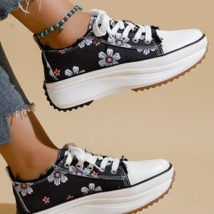 Casual Lips Floral Print Platform Canvas Shoes, Sneakers, color:Black|size:43, JustFashionNow