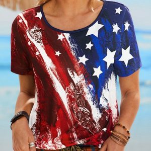 Crew Neck Flag Casual Short Sleeve T-Shirt, T-Shirts, color:Blue|size:XXL, JustFashionNow