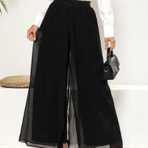 Elegant Plain Loose Chiffon Pants, Pants, color:Black|size:XXL, JustFashionNow