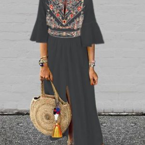 V neck White Women Daily Cotton Bell Sleeve Printed Spring Dress, Floral Dresses, color:Gray|size:12, JustFashionNow