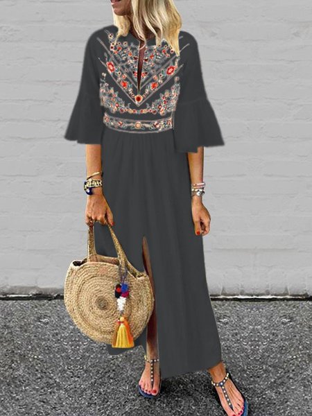 V neck White Women Daily Cotton Bell Sleeve Printed Spring Dress, Floral Dresses, color:Gray|size:12, JustFashionNow