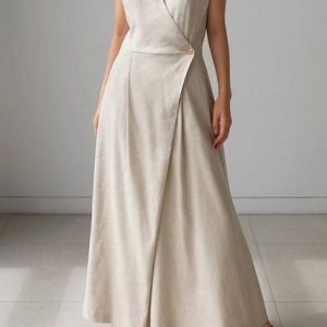Casual Plain Loose Cotton And Linen Jumpsuit, Jumpsuitsпј†Rompers, color:Light Khaki|size:XXL, JustFashionNow