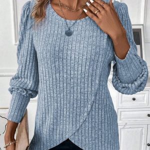 Crew Neck Loose Plain Casual Lantern Sleeve Blouse, JustFashionNow Blouses, color:Blue|size:XXL,