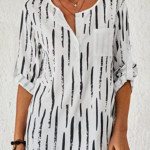 Casual Round Neck Loose Art Line Print Long Sleeve Blouse, T-Shirts, color:White|size:XXL, JustFashionNow