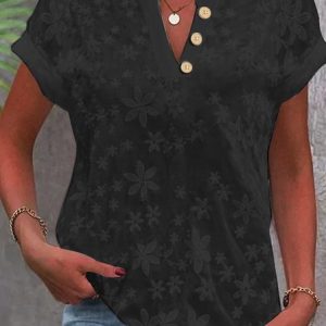 Women's Floral Short Sleeve Blouse_ Summer Embroidery V Neck Daily Simple Top, JustFashionNow Blouses, color:Black|size:XXL,