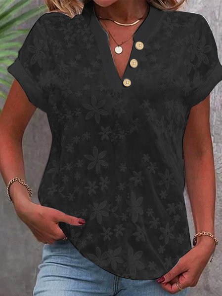 Women's Floral Short Sleeve Blouse_ Summer Embroidery V Neck Daily Simple Top, JustFashionNow Blouses, color:Black|size:XXL,