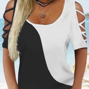 Black and white classic color contrast design sense off shoulder fit holiday top T-shirt plus size, T-Shirts, color:Black-white|size:XXL, JustFashionNow