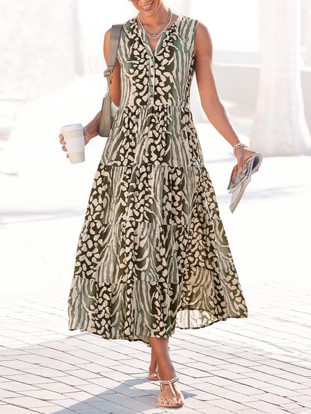 Floral Loose Vacation Buttoned Dress, Dresses, color:Army Green|size:XXL, JustFashionNow
