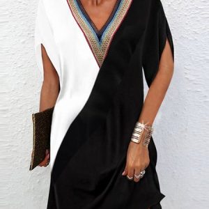 V Neck Simple Lace Color Block Dress, Dresses, color:Black-white|size:XXL, JustFashionNow