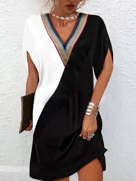 V Neck Simple Lace Color Block Dress, Dresses, color:Black-white|size:XXL, JustFashionNow