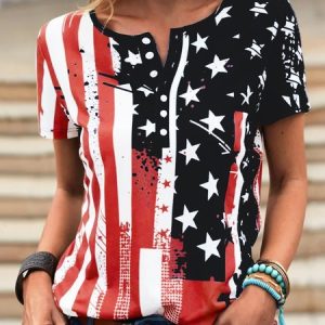 JFN Splited Round Neck American Flag Vacation T-Shirt/Tee, T-Shirts, color:Black-red|size:XXL, JustFashionNow