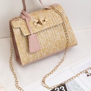 JFN  Resort Style Metal Chain Braided Shoulder Bag Crossbody Bag, Women's Bags, color:Pink|size:One-size, JustFashionNow