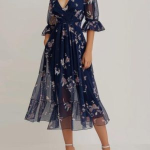 V Neck Elegant Floral Dress, Dresses, color:Dark Blue|size:XXL, JustFashionNow