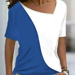 JFN Asymmetrical Neck White Black Color Block Short Sleeve Top, Shirts & Blouses, color:Blue|size:XXL, JustFashionNow