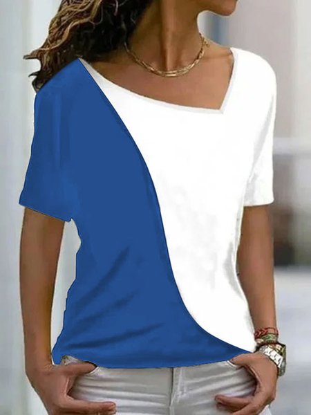 JFN Asymmetrical Neck White Black Color Block Short Sleeve Top, Shirts & Blouses, color:Blue|size:XXL, JustFashionNow