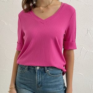 Regular Fit Plain Casual V Neck T-Shirt, T-Shirts, color:Black|size:XXL, JustFashionNow