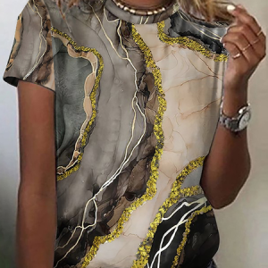 JFN Crew Neck Marbling Casual T-Shirt/Tee, T-Shirts, color:Coffee|size:3XL, JustFashionNow
