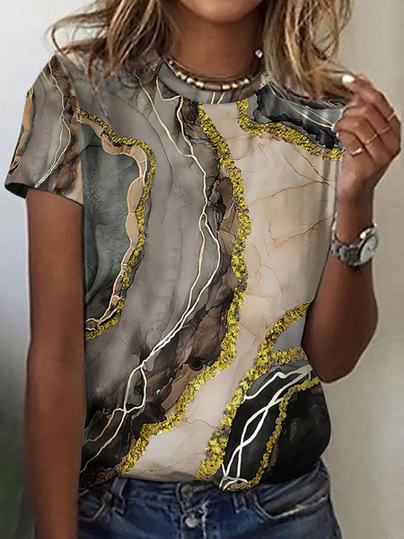 JFN Crew Neck Marbling Casual T-Shirt/Tee, T-Shirts, color:Coffee|size:3XL, JustFashionNow