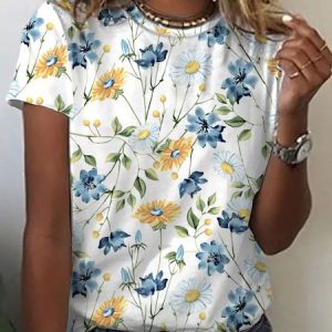 JFN Crew Neck Floral Loosen Daily T-Shirt/Tee, T-Shirts, color:Multicolor|size:XXL, JustFashionNow