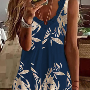 JFN Scallop V Neck Plants Vacation Top, Tanks & Camis, color:Navy Blue|size:XXL, JustFashionNow