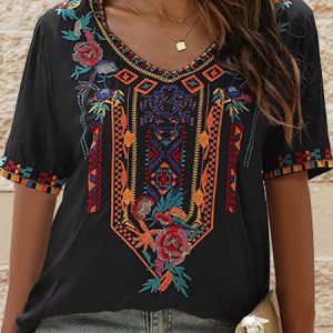 V Neck Regular Fit Vacation Top, Shirts & Blouses, color:Black|size:XXL, JustFashionNow