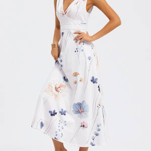 Casual Regular Fit Floral V Neck Dress, Dresses, color:Pink|size:XXL, JustFashionNow
