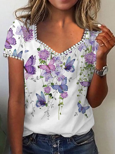 Casual Regular Fit Lace Sweetheart Neckline T-Shirt, T-Shirts, color:White|size:3XL, JustFashionNow