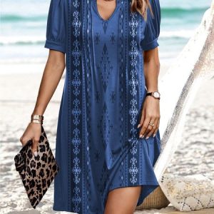 Loose Ethnic Ethnic Stand Collar Dress, Dresses, color:Blue|size:XXL, JustFashionNow
