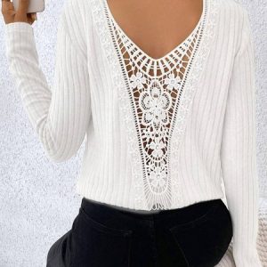 Loose Crew Neck Elegant Lace Shirt, Shirts & Blouses, color:White|size:XXL, JustFashionNow