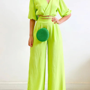Plain Loose Elegant V Neck Two-Piece Set, Suit Set, color:Green|size:XXL, JustFashionNow