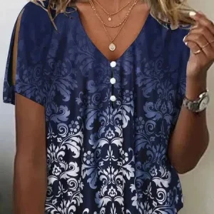 Casual Cotton-Blend Loose V Neck T-Shirt, T-Shirts, color:Dark Blue|size:XXL, JustFashionNow
