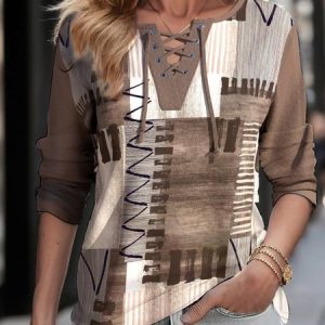 Loose Casual V Neck Geometric T-Shirt, T-Shirts, color:Khaki|size:XXL, JustFashionNow