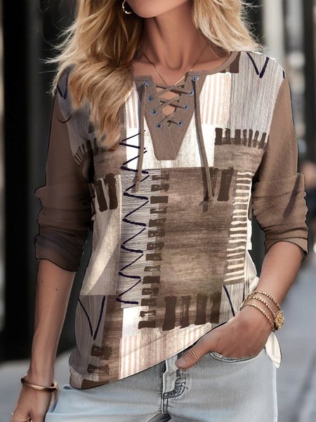 Loose Casual V Neck Geometric T-Shirt, T-Shirts, color:Khaki|size:XXL, JustFashionNow