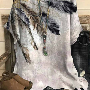 JFN Crew Neck Feather Print Vintage Top, Shirts & Blouses, color:Gray|size:XXL, JustFashionNow
